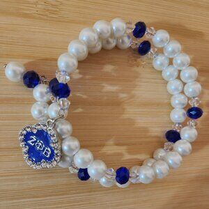 Handcrafted Zeta Phi Beta Charm Wrap Memory Wire Pearl Bracelet